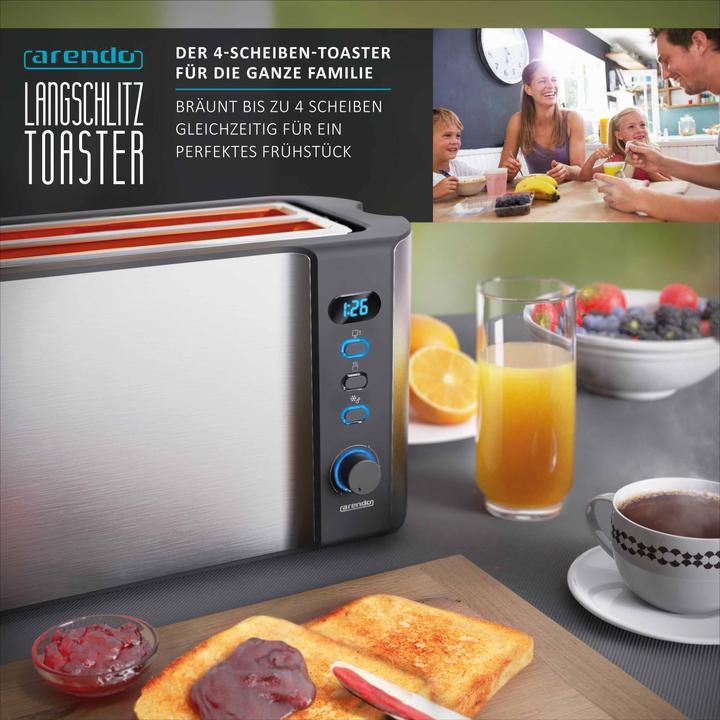 Produktbild Arendo Edelstahl Toaster 4 Scheiben Langschlitz, Doppelwand, Brötchenaufsatz, Display mit Restzeitanzeige