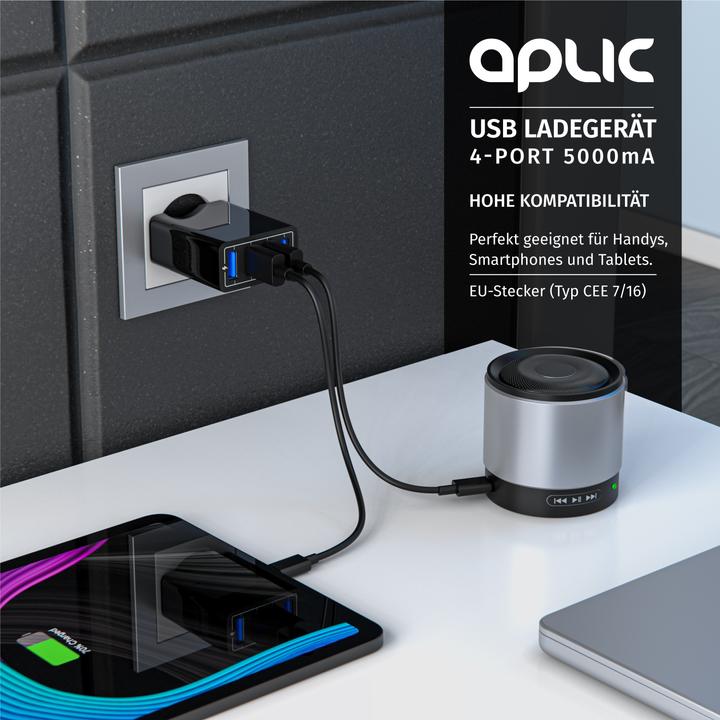 Produktbild Aplic USB Ladegerät 5000 mA, 4 Port Netzteil für Handy, Tablet uvm. 5000mA 2,4A Max. je Port, 25W, schwarz (25 W)