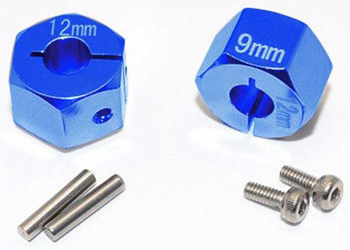 Actual product image GPM ALU HEXAGONAL WHEEL DRIVER SET 12X9MM BLUE (2) TAMIYA TT02