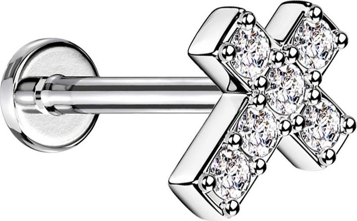 Immagine prodotto Star Piercing Micro Labret filo interno argento croce con cristallo argento (senza ottone, Organico, Acciaio chirurgico 316L)