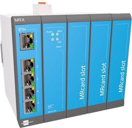 Actual product image Insys icom MRX5 LAN, modular LAN LAN router, VPN 5xEthernet 10/100BT 2xdig.One MRcard slots:3xfree