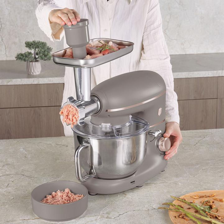 Produktbild BerlingerHaus Design Küchenmaschine inkl. Fleischwolf & 3 Pasta-Aufsätze, 1500W, taupe (1500 W)