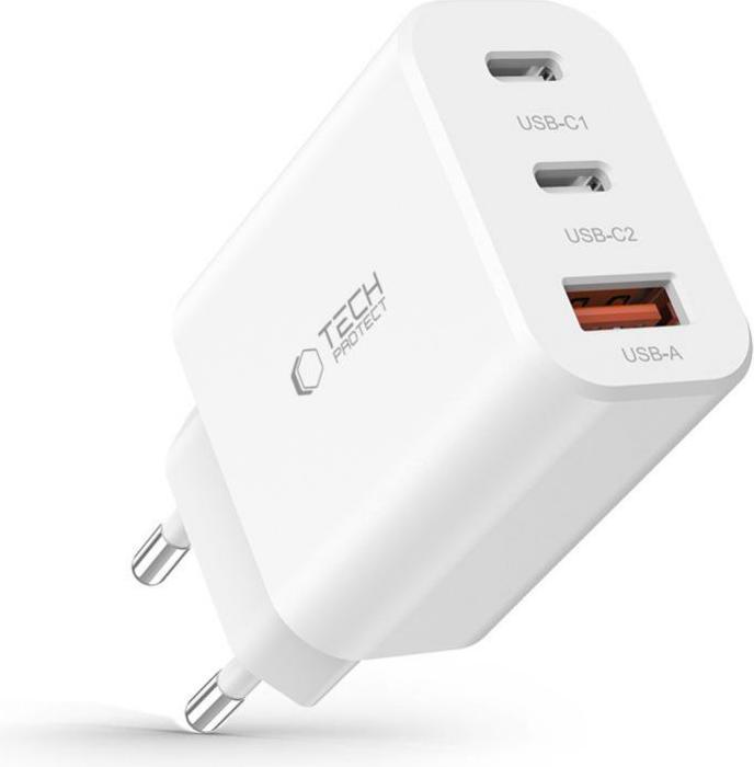 Actual product image Tech-Protect NC30W network charger 2x USB-C PD 30W / USB-A QC 3.0 - white (30 W)