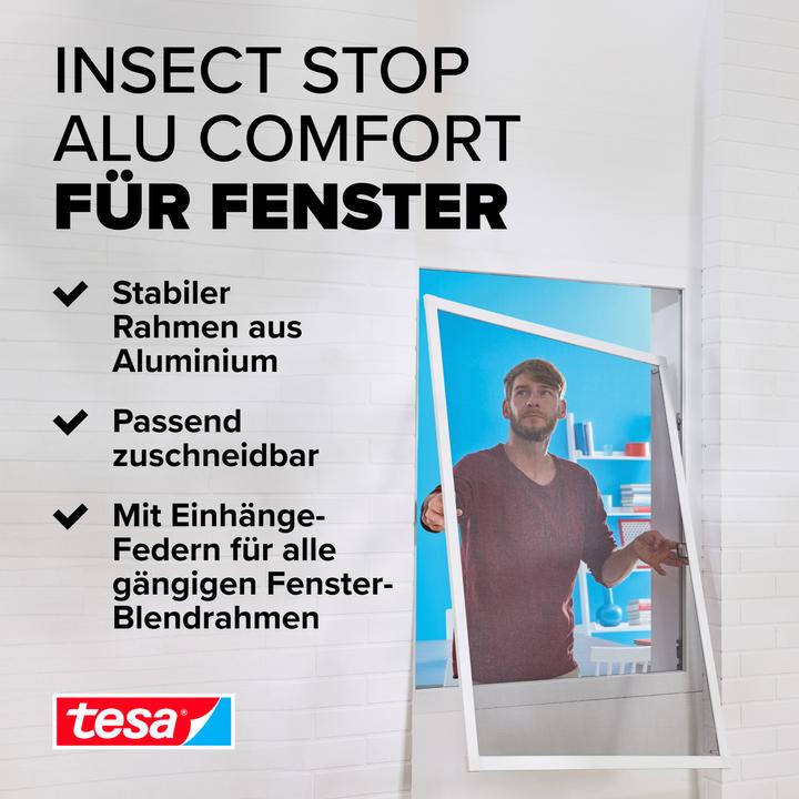 Produktbild tesa Insektenschutz Alu COMFORT für Fenster, mit Rahmen aus Aluminium, ohne Bohren (100 x 120 cm)