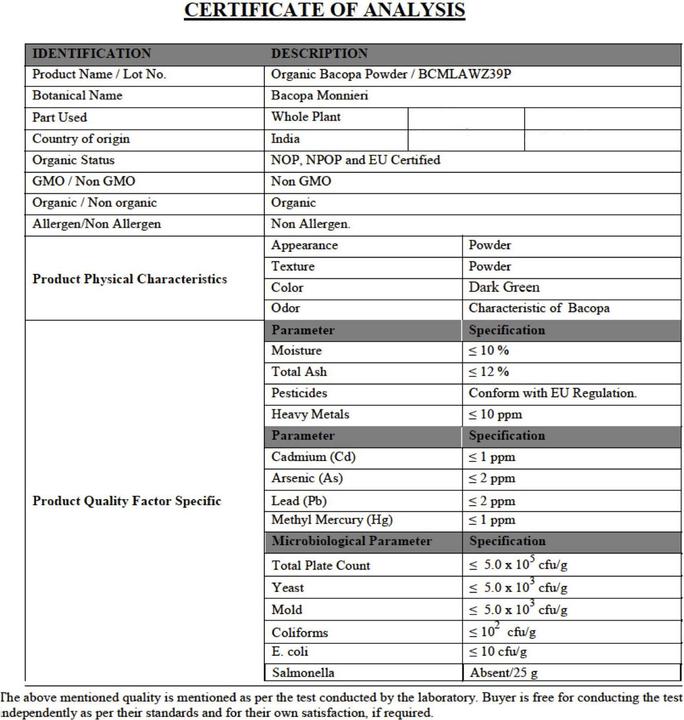 Valeurs nutritives et ingrédients Zimmerli Adaptogene Bacopa Brahmi en gélules (BIO) 50 gélules (1 pièce(s), Capsules, 25 g)