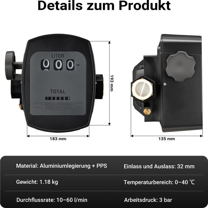 Produktbild Wiltec Diesel Heizöl Zähler 3bar 10-60l/min Anschlüsse 25,4mm Abweichung 1% Heizölpumpe