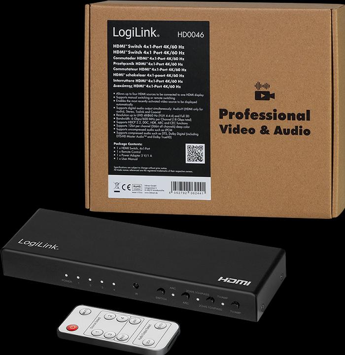 Produktbild LogiLink HDMI-Switch, 4x1-Port, 4K/60 Hz, HDCP, HDR, ARC, Audio-Extract, RC