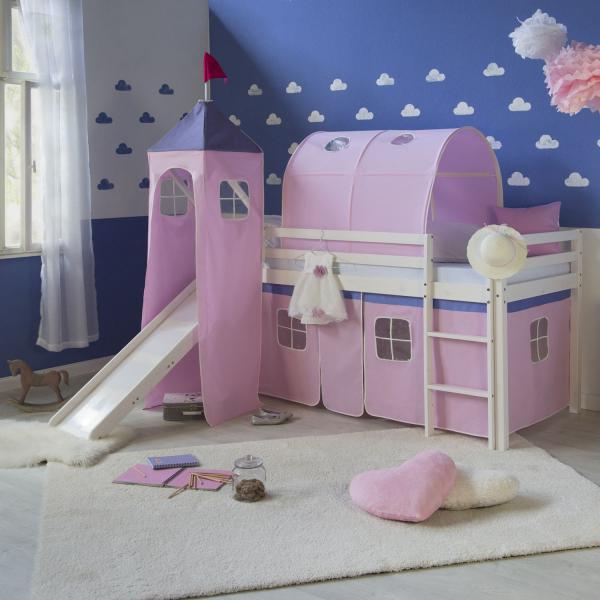 Immagine prodotto Homestyle4u Letto a soppalco per bambini con scivolo, scala, tenda in tessuto, torre e tunnel (90 x 200 cm)