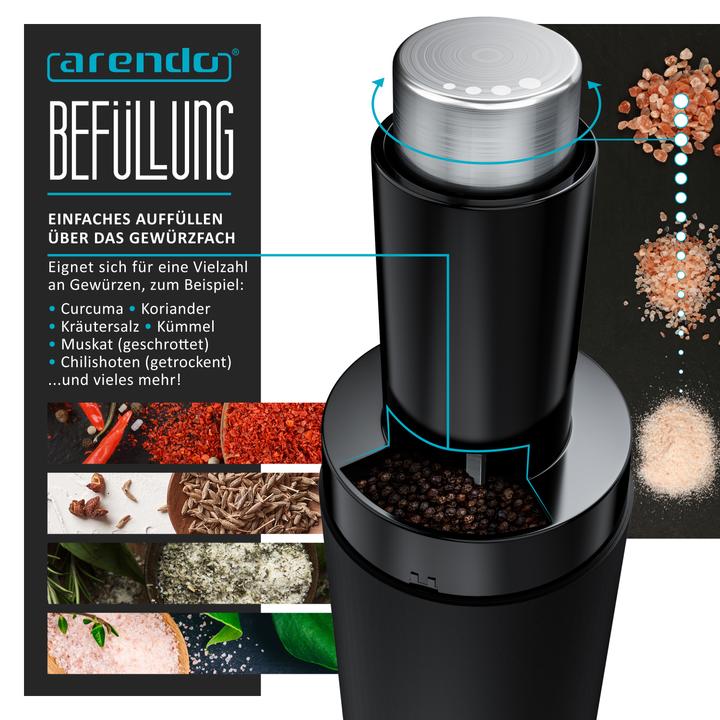 Produktbild Arendo Salz und Pfeffermühle elektrisch, Salzmühle & Pfeffermühle 2er Set, einhändig, Batteriebetrieben (Salz, Pfeffer)