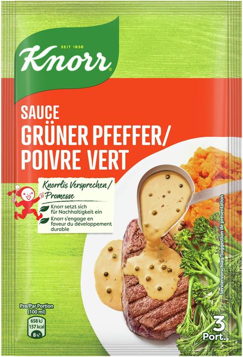 Produktbild Knorr Grüner Pfeffer Sauce Beutel, mit ganzen Pfefferkörnern, wunderbar crèmig, ideal für dunkles Fleisch (44 g)
