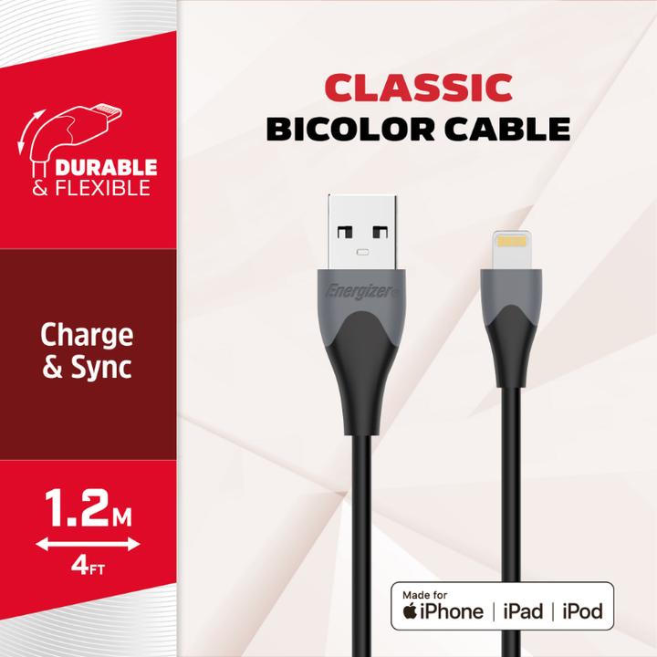 Produktbild Energizer Classic Kabel lightning bicolor 1.2m schwarz (1.20 m, USB 1.0)