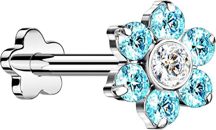 Image du produit Star Piercing Micro Threadless Labret fleur argenté fleur cristaux aqua (Titane G23, sans laiton)