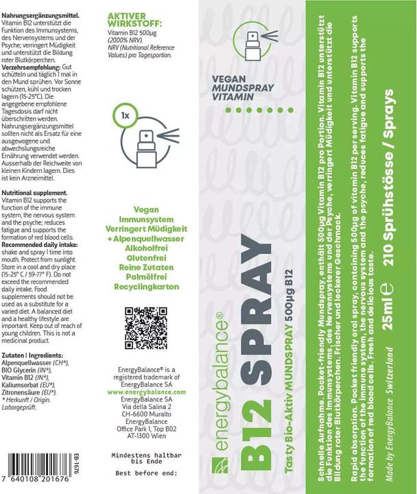 Nährwerte und Zutaten Energybalance B12 (1 Stück, Spray, 0.03 g)