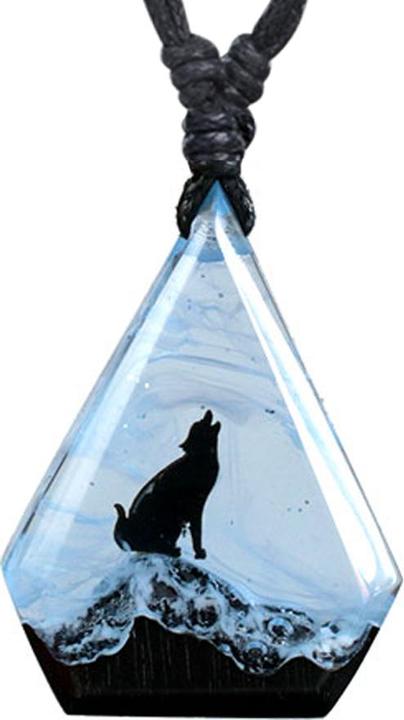 Produktbild Star Piercing Halskette schwarz Anhänger Diamant Wolf im Winter Epoxy blau aus Arang Holz (Organisch, ohne Messing)