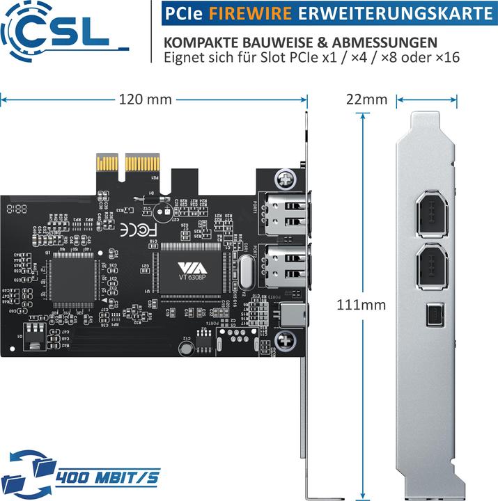 Image du produit CSL Carte PCI Firewire, carte d'extension, adaptateur réseau, carte contrôleur 1394a 1394b, 3x ports