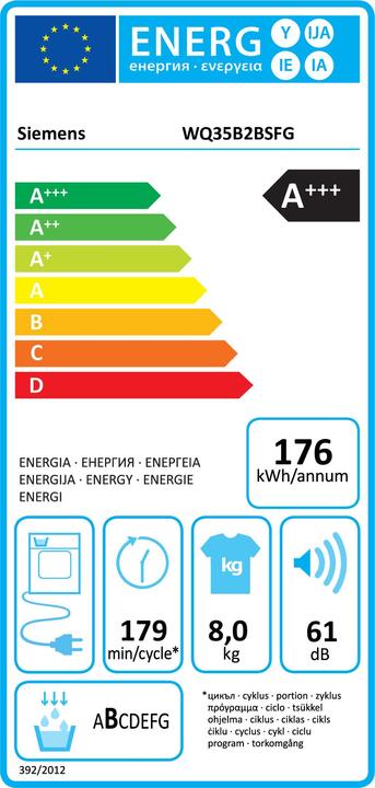 Label énergétique Siemens WQ35B2BSFG iQ700 - Lave-linge - Lave-linge à pompe chaude - Étiquette énergie A+++ - Wit (8 kg, Modifiable)