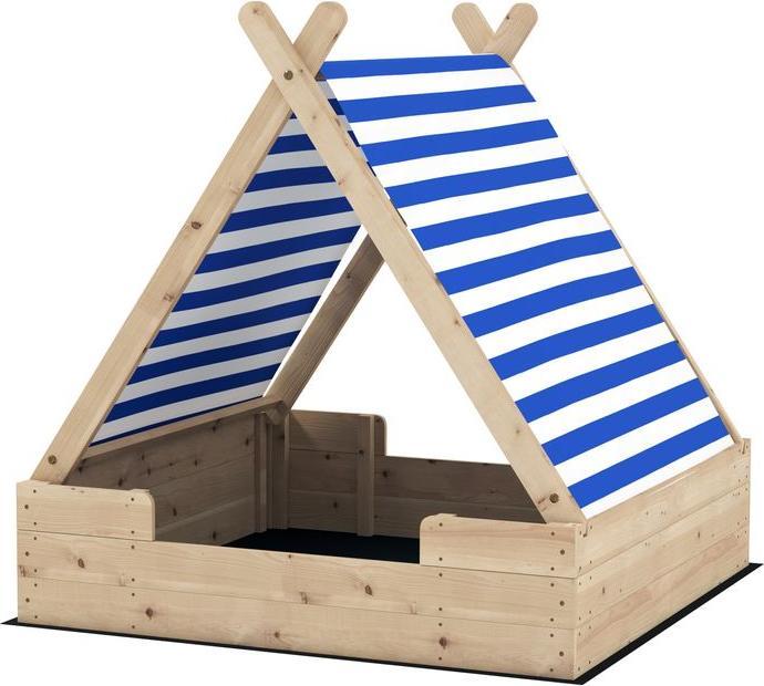 Immagine prodotto Swisshandel24 Sandkasten mit Zeltdach, 120 x 120 cm Sandkiste aus Holz mit Bodenplane Natur