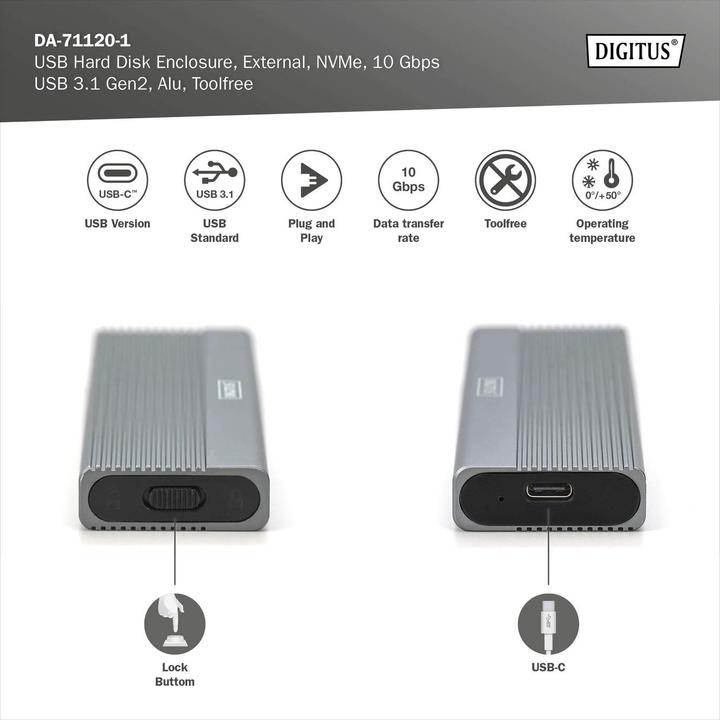 Produktbild Digitus USB M.2 Festplattengehäuse, SSD, extern, NVMe, 10Gbps, USB 3.1 Gen2, Aluminium, toolfree (M.2 2280, M.2 2230, M.2 2260, M.2 2242)