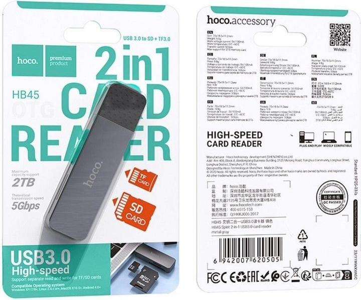 Produktbild Hoco Headphone with microphone card reader 2in1 USB A 3.0 HB45 metal gray (USB 3.0)