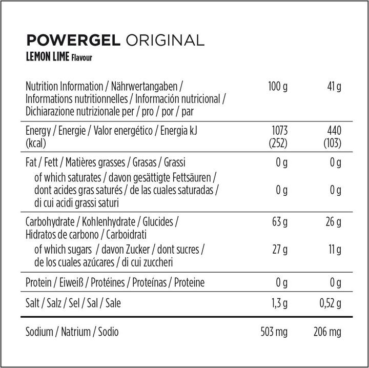 Nährwerte und Zutaten Powerbar PowerGel Multiflavour Box (Grüner Apfel, Mango, Limette, Zitrone, Granatapfel, Maracuja, Himbeer, Koffein, 12 Stk., 492 g)