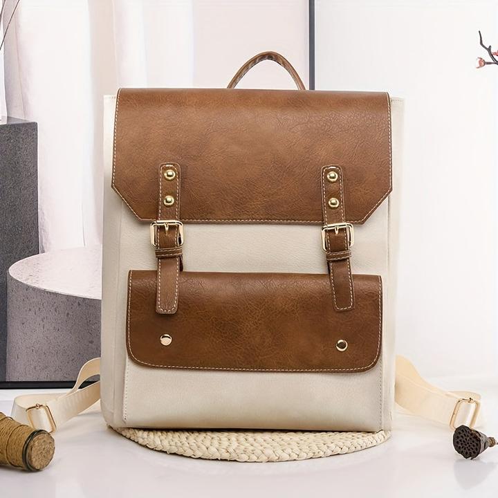 Actual product image Only-Bags.Store Vintage buckle decor flap backpac, preppy style school bag, solid colour laptop daypack