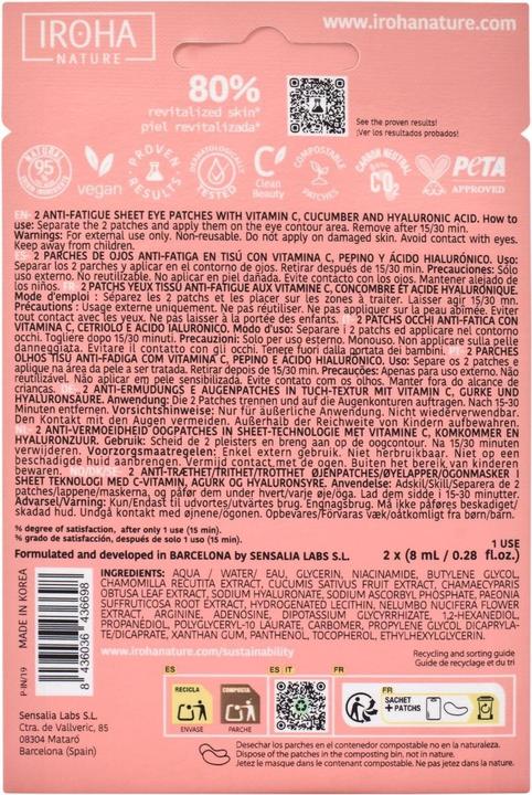 Nährwerte und Zutaten Iroha Nature Eye Contour Patches Vitamin C + Cucumber and Hyaluronic Acid (Patches, 16 ml)