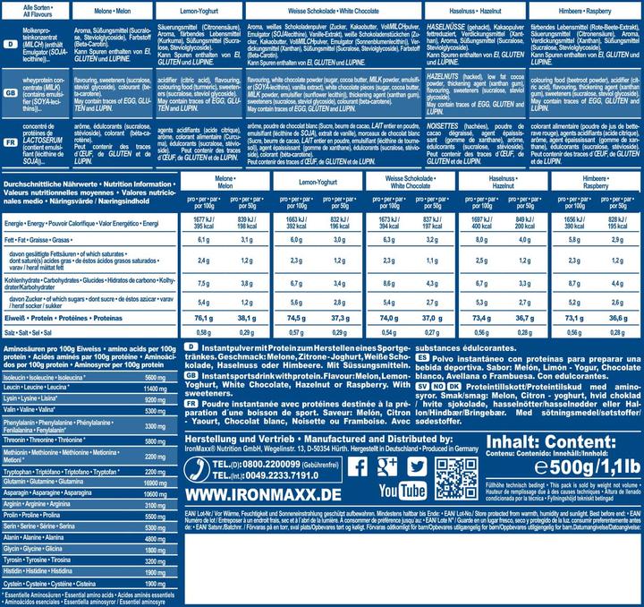 Valeurs nutritives et ingrédients IronMaxx 100% Whey Protein (sachet de 500g) (Neutre, 1 pcs, 500 g)