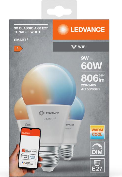 Produktbild Ledvance Smart+ Wifi Classic (E27, 9 W, 806 lm, 3 x, F)