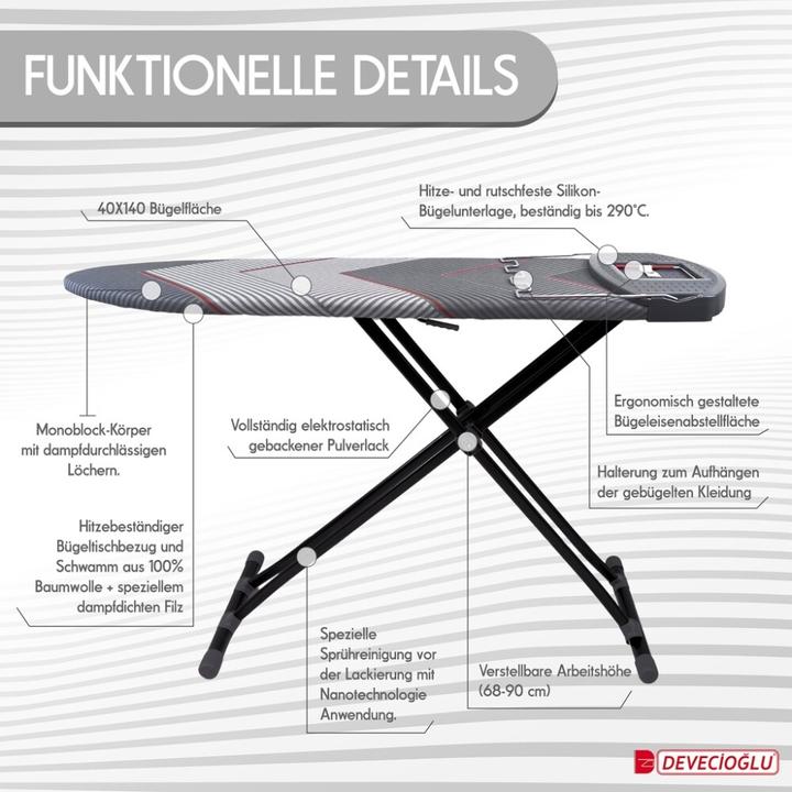 Produktbild Harbinger Bügelbrett, Bügeleisen Ablage, Bügelbrettbezug 40x140cm, Höhe 68-90cm, Grau (140 x 40 cm)