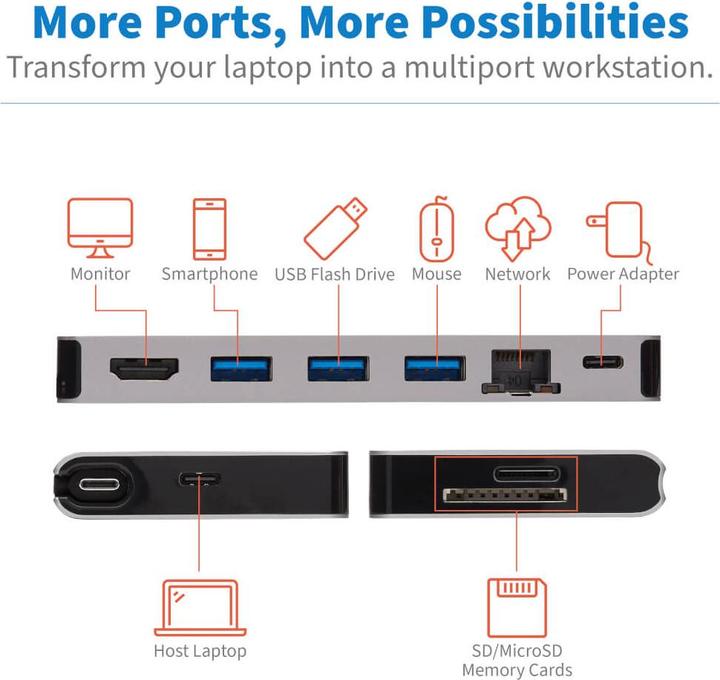 Produktbild Eaton USB-C Dock - 4K HDMI USB 3.2 Gen 1 USB-A Hub GbE Memory Card 100W PD Charging Detach (USB-C, 4 Ports)