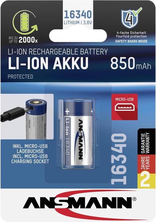 Produktbild Ansmann 16340 Li-Ion Akku (1 Stk., 16340, 850 mAh)