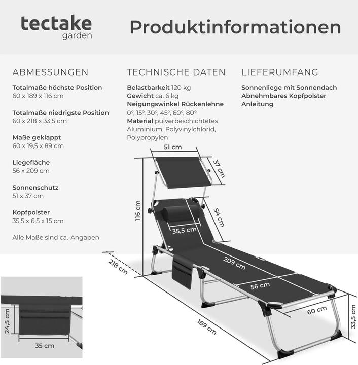 Produktbild tectake Sonnenliege Aurelie aus Aluminium, 6-stufig (218 cm)