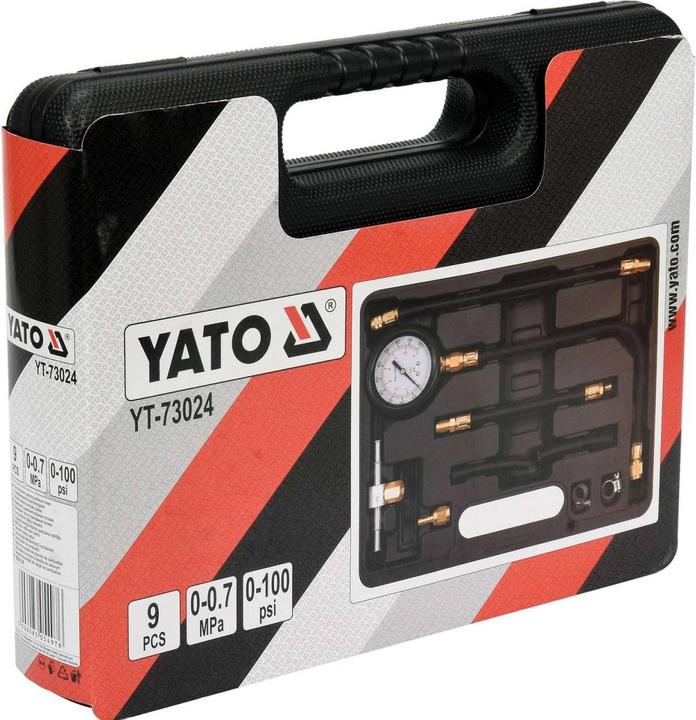 Actual product image Yato Professional Petrol Pressure Tester Set 9 TLG, with Pressure Gauge 0-100 psi / 0-7 Bar, Flexible