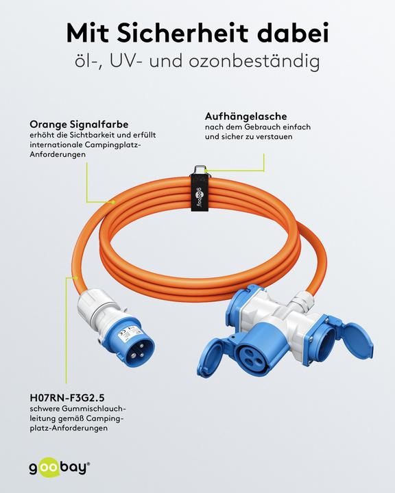 Produktbild Goobay CEE-Adapterleitung, CEE-Stecker auf 1x CEE-Kupplung und 2x Schutzkontakt-Kupplung, 10 m (10 m, CEE 7/3)