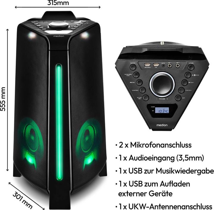Actual product image Medion MD 43552 Party speaker black (4 h, Electrical connection, Rechargeable battery operated)