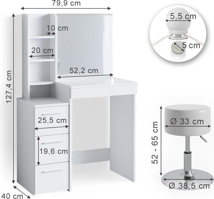 Actual product image Vicco Meryl with stool and lighting (80 x 40 x 127 cm)