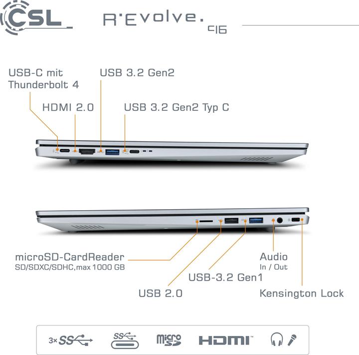 Actual product image CSL Notebook R'Evolve C16 / 64GB / 2000GB / Windows 11 Pro (16", Intel Core i5-1235U, 64 GB, 2000 GB, DE)