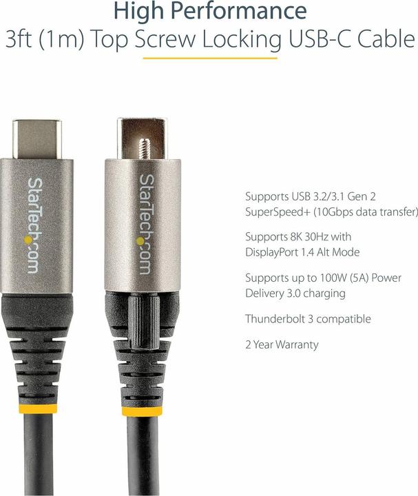 Produktbild StarTech .com 3ft 1m Top Screw Locking USB C Cable 10Gbps, USB 3.1/3.2 Gen 2 Type-C Cable, 100W (5A) Power De (1 m, USB 3.2 Gen 2)