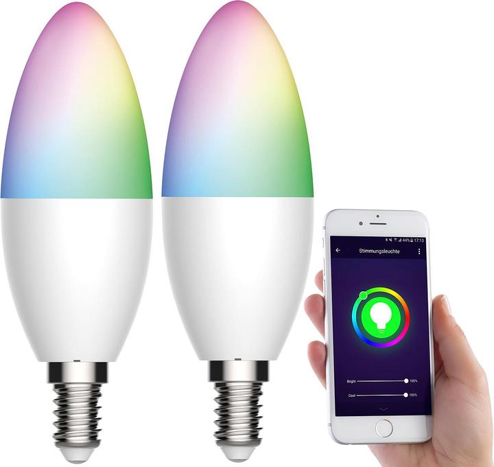 Produktbild Luminea 2er-Set WLAN-LED-Lampen, für Amazon Alexa/GA, E14, RGB, CCT, 5,5 W (E14, 470 lm, 2 x, F)