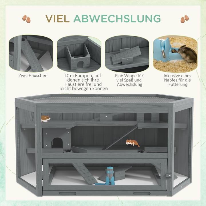 Produktbild PawHut Hamsterkäfig Tannenholz, PS-Plexiglas Grau