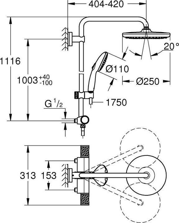 Image du produit Grohe Vitalio Start System 250 Duschsystem mit Thermostatbatterie, Schweizer Stichmass, variable Bohrlöche