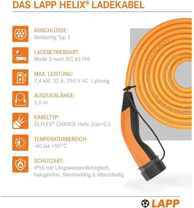 Immagine prodotto Lapp Mobility EV-TYP2 Ladekabel HELIX 1-phasig (Tipo 2, 7.40 kW, 32 A, 5 m)