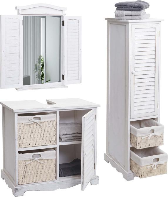 Produktbild Mendler Badezimmerset, Badmöbel-Set Hochschrank Waschbeckenunterschrank Wandspiegel - shabby weiss