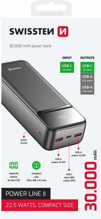 Produktbild Swissten Power Bank 30000 Mah Power Line II Black (30000 mAh, 22.50 W, 22.50 Wh)