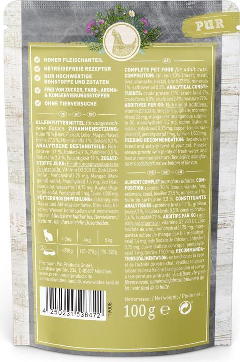 Produktbild Wildes Land Nassfutter Cat Adult Huhn PUR mit Distelöl, 100 g (Adult, 1 Stk., 100 g)