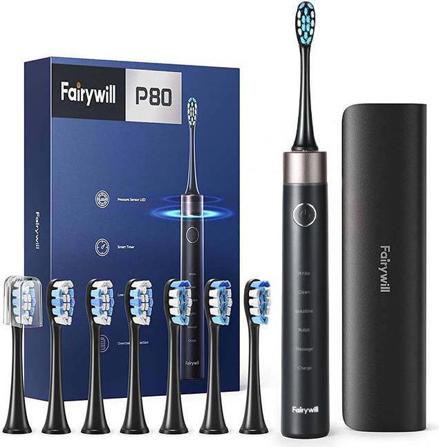 Immagine prodotto Fairywill Spazzolino sonico con set di testine e custodia FW-P80 (nero) (Spazzolino sonico)