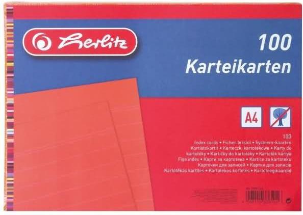 Herlitz Karteikarten, DIN A5, liniert, orange aus Papier, 170 g-qm, holzfrei, Linienfarbe: blau, doppelte (A5, 170 g/m², 100 x)