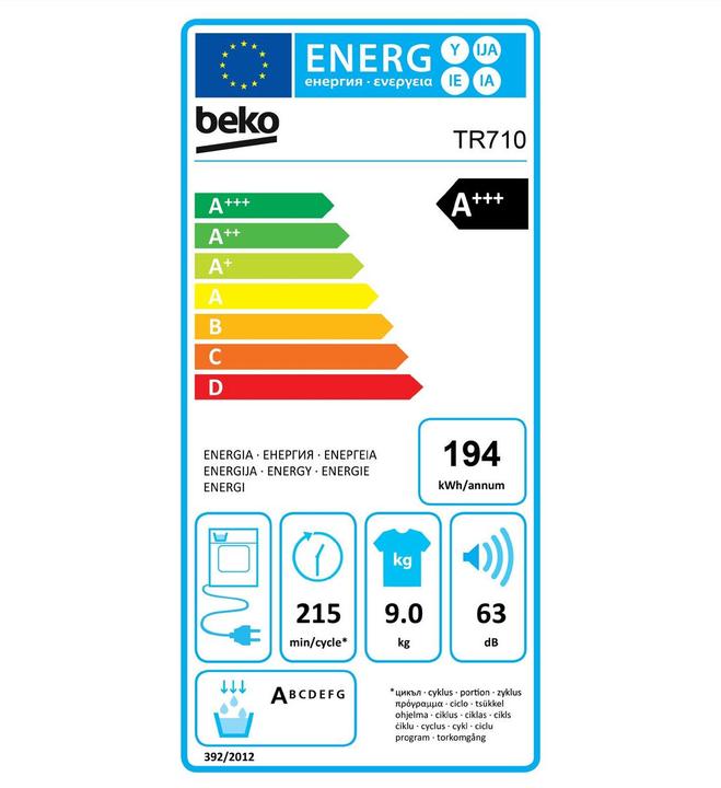 Etichetta energetica Beko TR710 (9 kg, Modificabile, A destra)