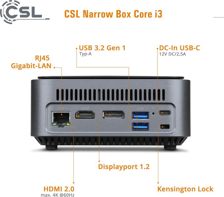 Immagine prodotto CSL Mini-PC Narrow Box Core i3 (Intel Core i3-N305, 32 GB, 4000 GB, Grafica Intel UHD)