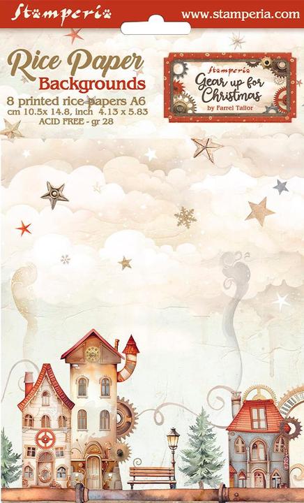 Image du produit Stamperia Motif soie paille Backgrounds "Gear up for Christmas", DIN A6, set de 8 pièces (8 x)